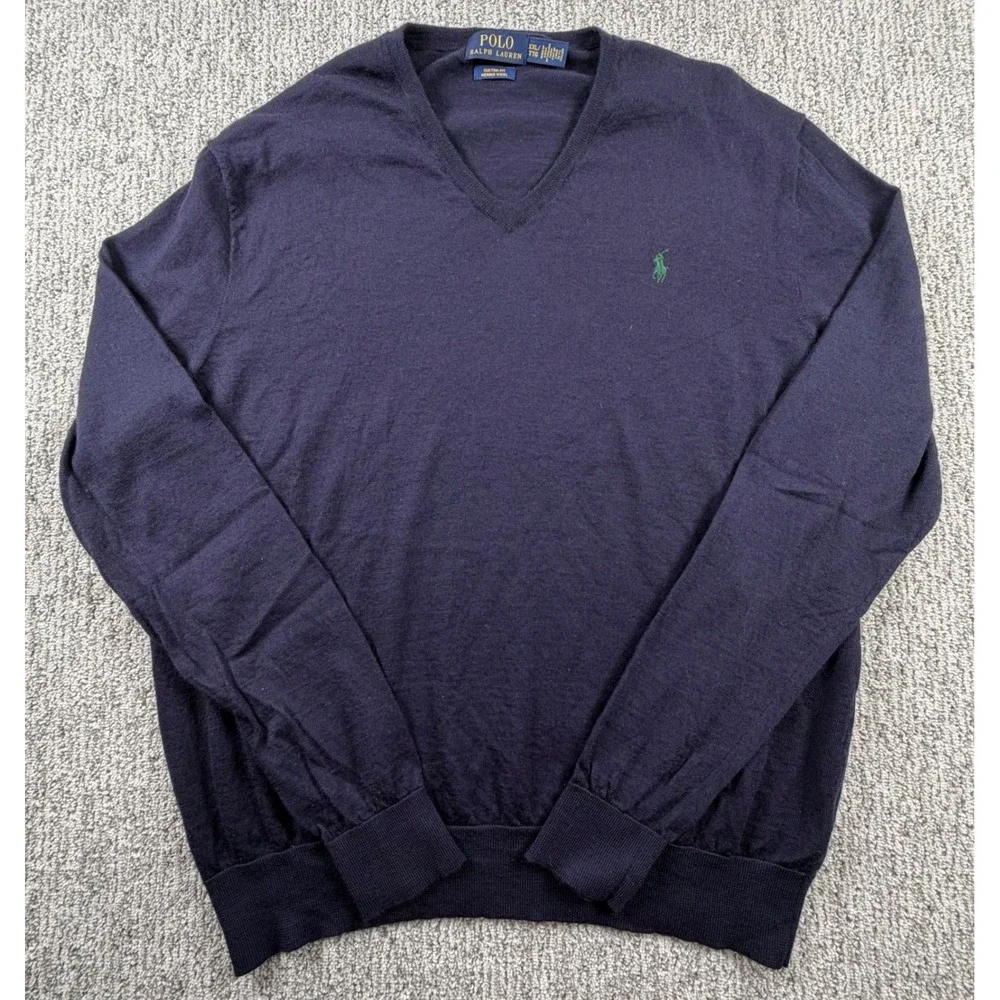 Polo Ralph Lauren Sweater Mens XXL Navy Blue Merino Wool V-Neck Custom Fit